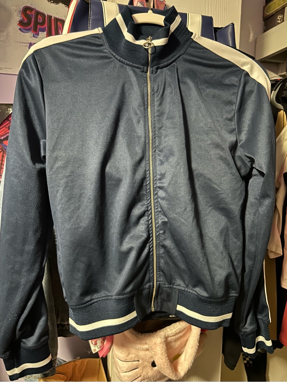 Zara Retro Navy Bomber Jacket with White Shoulder Stripes